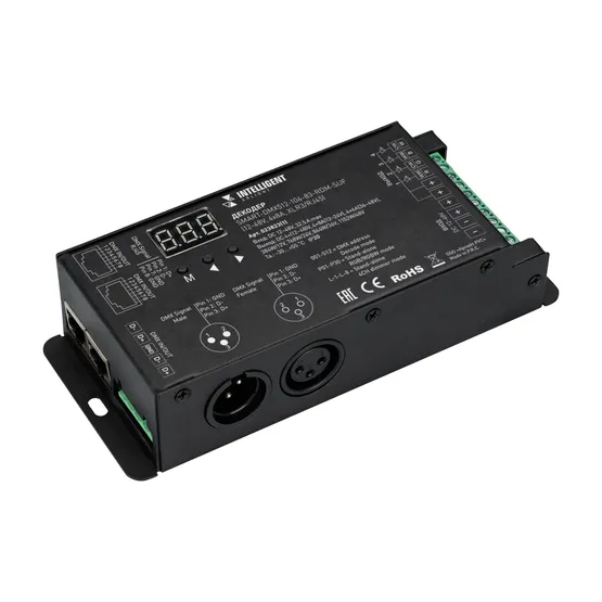 Фото товара INTELLIGENT ARLIGHT Декодер SMART-DMX512-104-83-RDM-SUF (12-48V, 4x8A, XLR3/RJ45) (IARL, IP20 Металл, 5 лет)