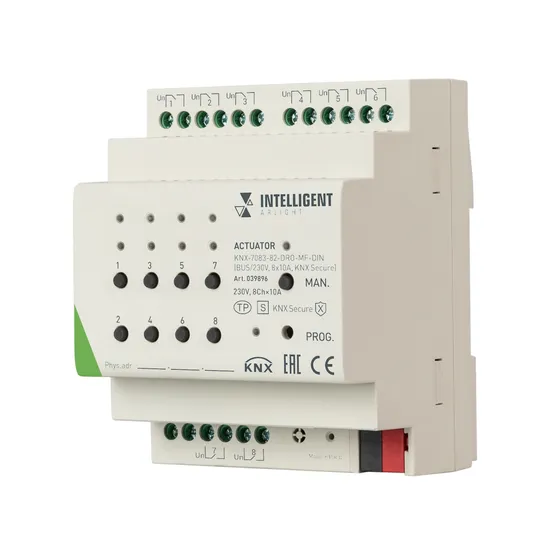 Фото товара INTELLIGENT ARLIGHT Актуатор KNX-7083-82-DRO-MF-DIN (BUS/230V, 8x10А, KNX Secure)  (IARL, IP20 Пластик, 2 года)